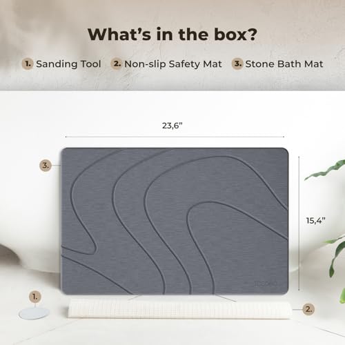 Image of TOSORO - Stone Bath Mat Diatomaceous Earth Shower Mat Non-Slip Super Absorbent Diatomite Stone Bath Mats for Bathroom Floor Quick Drying Natural Easy to Clean (23.5 x 15) - Graphite