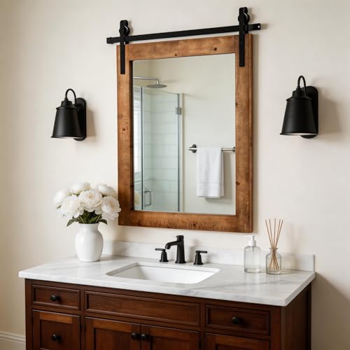 Tangkula Rustic Farmhouse Wall Mirror, 22 x 30 Inch, Barn Door Style with Wood Frame & Metal Bracket, Wall-Mounted Decorative Mirror for Bathroom, Living Room, Entryway