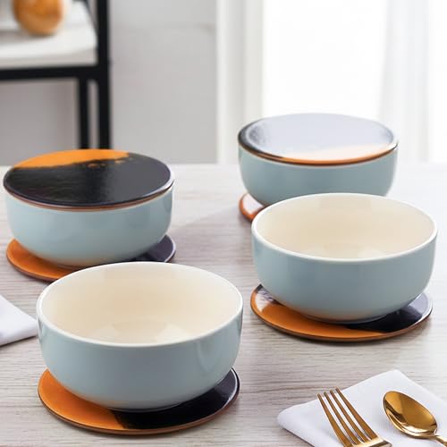 Image of The Earth Store Grey Mellow Ceramic Bowl With Lid /Coaster Set of 4, 450 ML Each | Dishwasher & Microwave Safe Serving Bowls for Snacks, Dal, Pasta, Vegetables and More | Perfect for Gifting, Daily Use