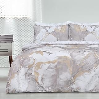 Sleepdown Metallic Marble Sparkle Glitz Natural Gold Reversible Soft Easy Care Duvet Cover Quilt Bedding Set with Pillowcases - Super King  (260cm x 220cm)