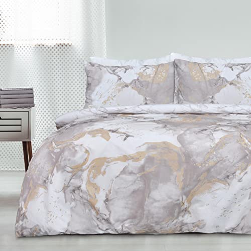 Sleepdown Parure de lit réversible avec Housse de Couette et taie d'oreiller Motif marbre métallique Scintillant Or Naturel 135 x 200 cm