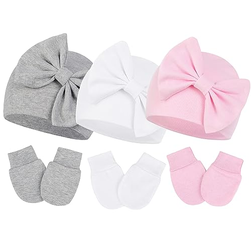 PONCEAU Neugeborenes Baby Mütze und Handschuhe Set Baumwolle Beanie Hut Unisex Mütze und Kratzfäustlinge für Kindergarten 0-6 Monate Baby Jungen Mädchen