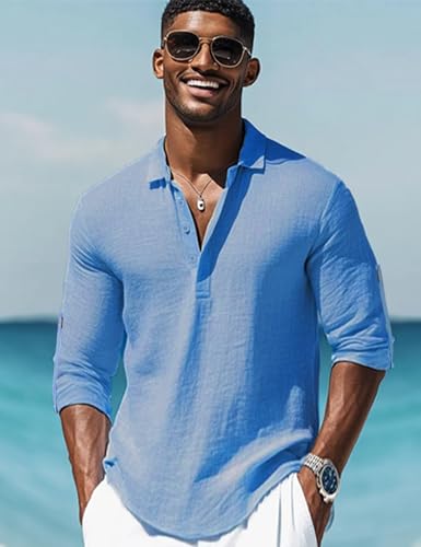 Mens Linen Polo Shirts Long Roll-Up Sleeve Casual Summer Beach Vacation Hippie T-Shirts2