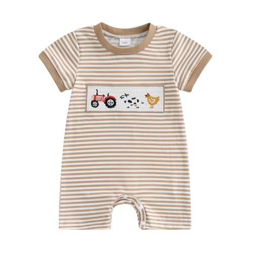 Image of SAYOO Infant Baby Boy Romper Farm Animal Embroidery Patch Romper Jumpsuit One Piece Plaid Summer Playsuit Country Clothes