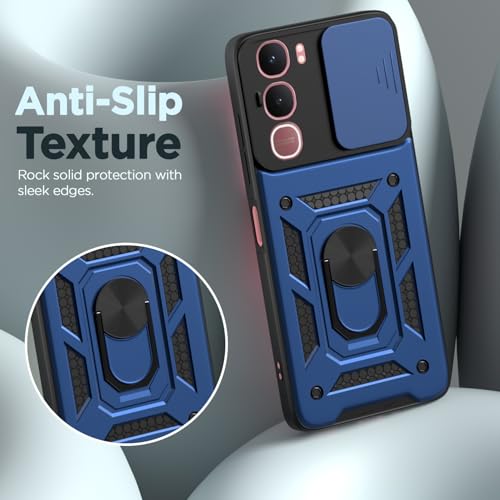 Image of Pikkme Back Cover for Vivo Y31 5G | 360 Protection Case | Sliding Camera Shield Cover & Ring Holder Stand D10 Tough Armor Bumper Case (Blue)
