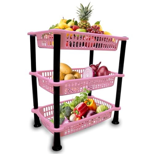 Image of patidar brothers Plastic 3 Layer Multi-Purpose Kitchen Storage Basket Rack|Vegetable Basket For Kitchen (color:Navy Pink)