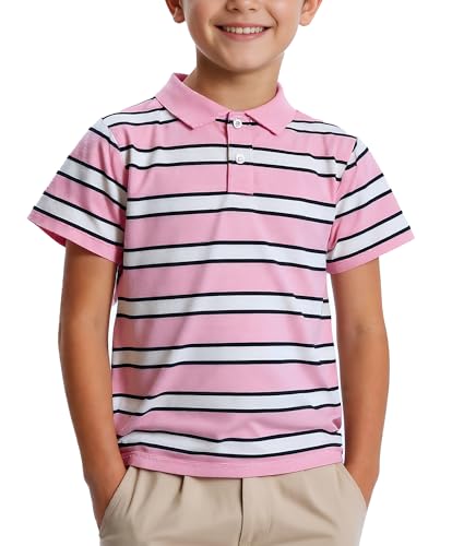 Girls Golf Shirts Short Sleeve Pink White Striped Polo Shirt Breathable Hiking Tops 11-12 Years