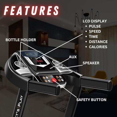 Image of LET'S PLAY 4HP Peak Motorized Treadmill for Home Gym Workout, Manual Incline Foldable Running Machine, 110Kg User Weight, Max Speed 12 km /hr, Bluetooth Speaker