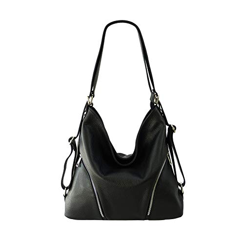 SH Leder Sara G689 Sac à main 2 en 1 pour femme en cuir véritable grainé 35 x 34 x 12 cm, Noir , L