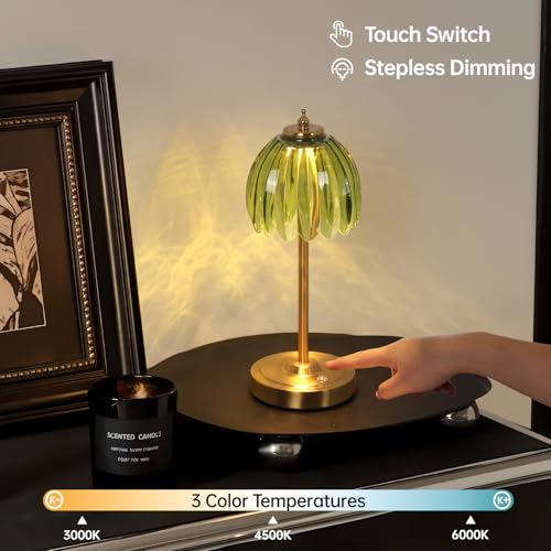 Image of Shenmoyl Set of 2 Tulip Table Lamp with 5000mAh Battery & Touch Control, Cordless Table Lamp with 3 Colors, Dimmable Rechargeable Table Lamps for Bedroom, Living Room, Entryways (Green Tulip)