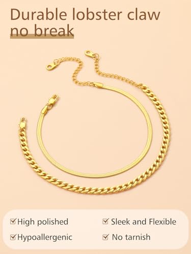 Image of FindChic Black /Silver /Gold Plated Anklets Set of 2PCS /3PCS Herringbone Chain Cuban Link Heart Charm Sparkling Tennis Ankle Bracelets, Waterproof Summer Foot Jewelry for Beach