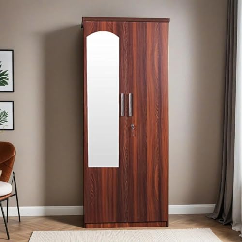 Image of CASPIAN Engineered Wood 2 Door Wardrobe (Brown) | Pre Assembled Furniture with Mirror | Streak Textured Cupboard /Almirah for Bedroom Clothes Storage Organizer with 5 Shelves & 2 Drawers