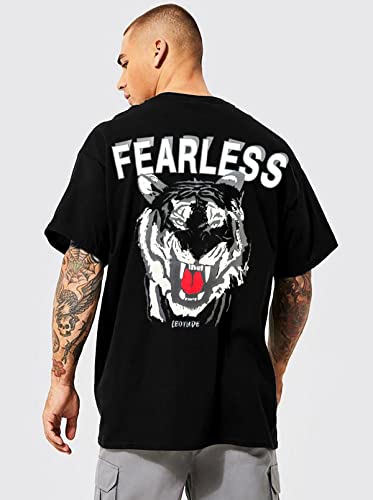 Image of LEOTUDE Men Oversized Cottonblend Round Neck Half Sleeve Back Printed Drop Shoulder Regular Fit T-shirt