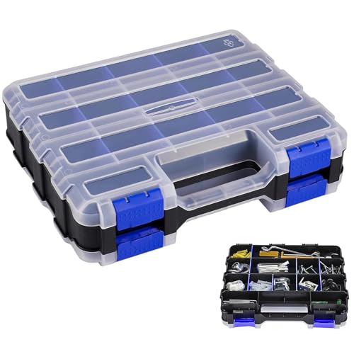 AMONENZ Rangement Visserie avec 34 Compartiments, Double Face Boite de Rangement Vis, Portable Organisateur de Visserie, Malette Outils Vide avec Couvercle Transparent,...