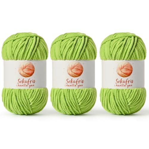 Image of Chenille Yarn for Crocheting, Size 5 Bulky,3 Lime Green