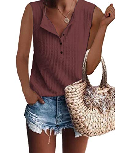 Famulily Women's Flowy Waffle Knit Tank Tops Loose Button Up V Neck Henley Shirts