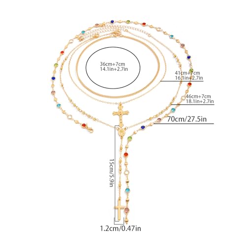 Crystal Bead Necklace for Women Cross Pendant Clavicle Necklace Summer Long Tassel Chest Chain Jewelry Layered Rhinestone Neck Chain3