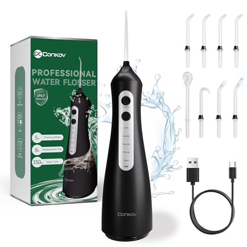 Conkov 口腔洗浄器, 350ml水タンク, 充電式, IPX7防水, 8個替えノズル付き, 携帯用 (ブラック)
