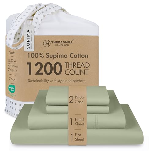 Image of Threadmill 1200TC Supima Cotton Cal King Sheet Set, Sateen, Sage Green | 100% Supima Cotton, Sateen Weave, 4-Piece Set, All-Around Elastic, Hotel Quality, OEKO-TEX Certified, Machine Washable
