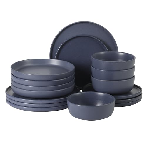 Image of Gibson Elite Bayou Moon Plates and Bowls Sets, 16-Piece Blue Matte Stoneware Dinnerware Sets, Solid Color Reactive Glaze Dish Set
