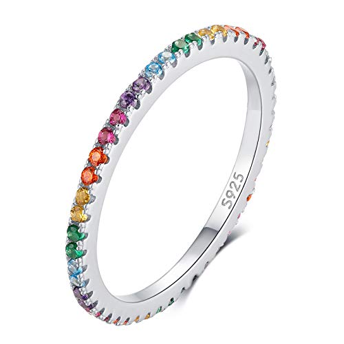 925 Sterling Silver Colorful Ring, Colorful CZ Simulated Diamond Band Ring for Anniversary Promise Wedding Engagement, Jewellery Gifts for Women Ladies