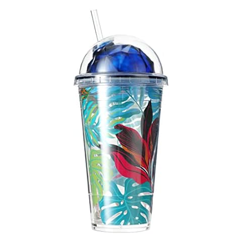 MINISO Tropical Coffee Tumblers with Lid and Straw 15oz Iced Coffee Cup Plastic Double Wall Tumbler BPA-Free Reusable Water Bottle for Cold Hot Drinks,for Travel,Home,Office(Blue) Cover