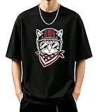 [KOTRBOY] Tシャツ メンズ 半袖 綿100% 夏服 【バイク猫プリント】 ルーズフィット クルーネック 大きいサイズ 薄手 通気性 肌触り良い 抗菌防臭 おしゃれ 4色展開 M-3XL 日常通勤 アウトドア キャンプ-Black-2XL