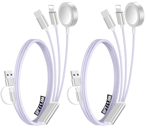 2Pack Multi Charging Cable Cord for Travel Essentials,Apple Watch Charger,iPhone Charger,[3-in-2] Type C/Lightning Cable Portable Designed for iWatch,iPhone 17-8,Galaxy S26-21,AirPods,iPad-1.5M Purple