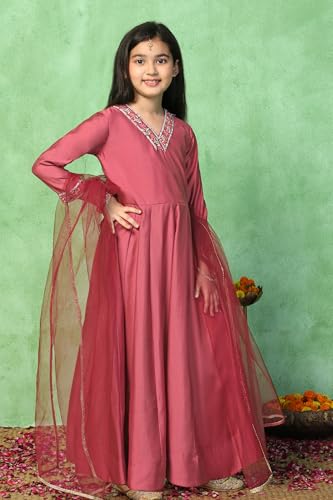 Image of Fashion Dream Girls Chanderi Embroidered Maxi Dress with Dupatta|Ethnic Gown for Kids