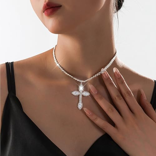 Silver cross Cuban Link Chain Necklace for Women ，hinestone cross pendant necklace and silver religious necklace4