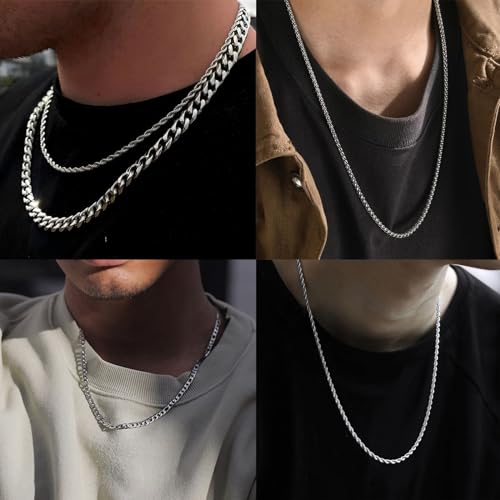 Stackable Gold/Silver Chain for Men, 6/7 Pcs Stainless Steel Cross Chain Mens Necklace Jewelry Set for Men, 5/6 Chains + 1 Cross Pendant4