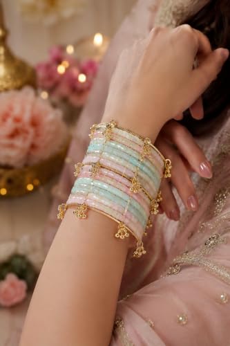 Image of Kashmiri Ghangharoo Glass Bangle Set for Women| Light Weight Bangles | Traditional Transparent Fancy Glass Chudi Set for Wedding, Party.