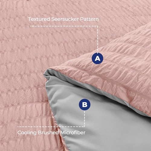 Image of HYMOKEGE Rose Gold /Light Grey Twin Comforter Set Seersucker 5 Pieces, All Season Luxury Bed in a Bag for Bedroom, Bedding Set with Comforter, Sheets, Pillowcase & Sham