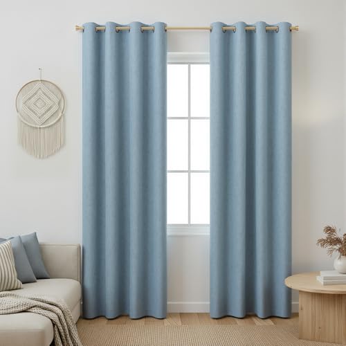 Image of 100% Blackout Linen Textured Curtains for Bedroom Full Light Blocking Room Darkening Bronze Grommet Window Drapes Thermal Insulated Energy Efficient Home Decor 52x72 Stone Blue (2 Panels)