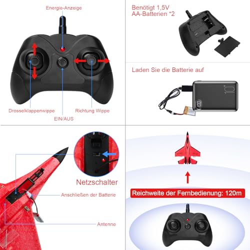 Henakmsl RC Flugzeug 2.4GHz SU35 Kämpfer RC Flugzeug 2CH Ferngesteuerter RTF für Anfänger, Kinder und Erwachsene, FX620 Flugzeug Spielzeug mit Farbigen Lichtern USB-Aufladung Rot