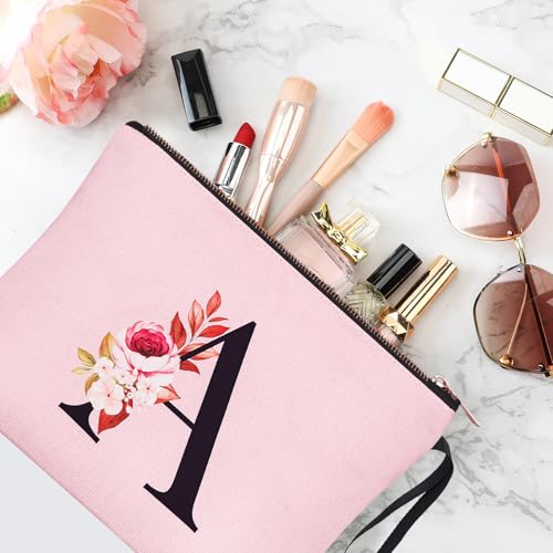 Image of Vavabox A-Z Personalized Makeup Bag, Birthday Gifts for Women Mom, Gifts for Best Friend, Bride Bridesmaid Cosmetic bag (A, 06-Pink)