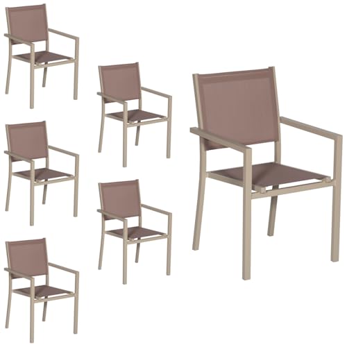Happy Garden Lot de 6 chaises empilables en Aluminium et textilène Taupe