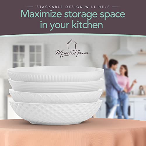 Maison Neuve Set of 4 White 34oz Porcelain Dinner Bowls - Dishwasher - Safe Textured 8.5" Bowls For Soup, Pasta, Cereal