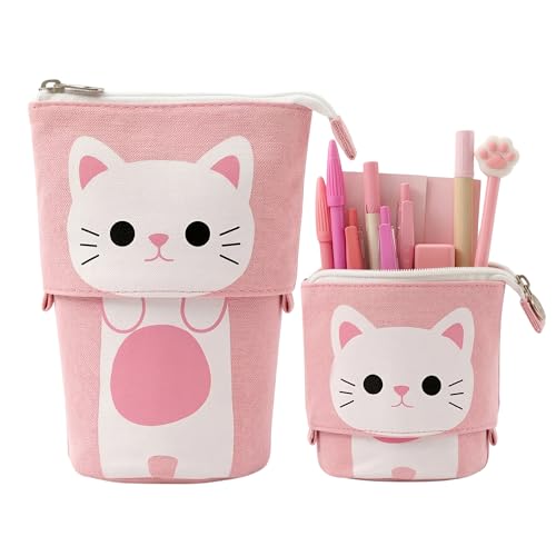 Image of FINEMOE Standing Pencil Case Cute Pencil Pouch for Girls Boys, Korean Boba Pop Up Stationery Makeup Cosmetic Organizer Box, Pouches for Stationary Boys Kids Women School Students (Pink Cat)