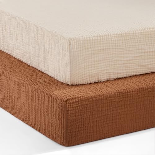 Image of Pro Goleem 2 Pack Muslin Crib Sheets for Boys and Girls, 100% Cotton Soft Breathable Neutral Fitted Baby Bed Sheets Set for Standard Crib Mattress & Toddler Mattress 52"x28", (Brown＆Beige)