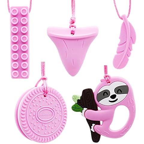 GNAWRISHING Sensory Chew Necklace for Girl, 5 Pack Chew Necklaces for Kids with Autism, ADHD, SPD, Chewing, Oral Motor(Pink) Cover