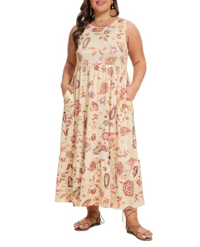 Image of Moon Wood Women's Plus Size Sleeveless Summer Dress Crewneck Tank Casual Flowy Maxi Dress with Pockets Vacation Outfits
