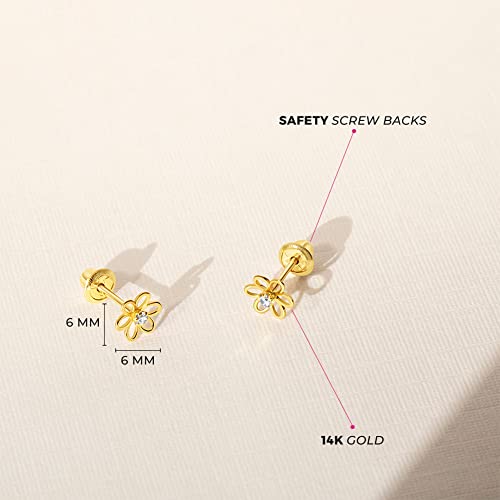 14k Yellow Gold Dainty Cubic Zirconia Young Girls Open Flower Earrings with Safety Screw Backs - Small Flower Stud Earrings for Toddlers with Locking Screw Backs for Safety & Comfort4