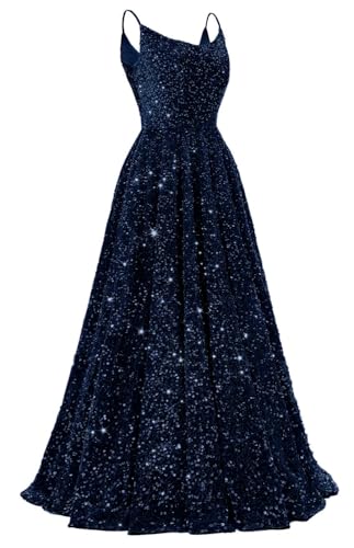 HPPEE Glitzernde Pailletten-Abschlussballkleider für Teenager mit Taschen, langes Spaghettiträgerkleid, formelles Kleid, Partykleid, marineblau, 38