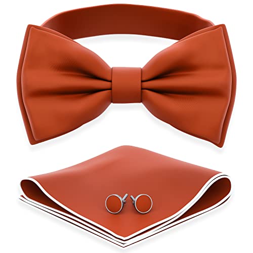Adam Young Mens Tiger Carrot Bow Tie with Handkerchief & Cufflinks Pre-Tied Style Formal Satin Classic Bowtie for Tuxedo Faux Silk (Large Burnt Orange)