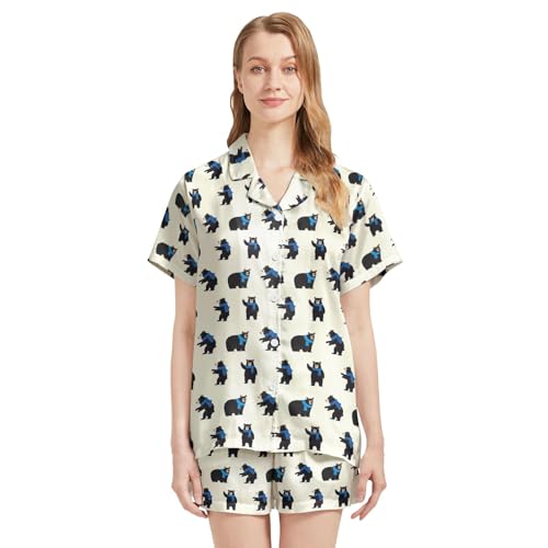 Image of Silk Satin Pajama Set for Women Summer Lounge Pjs Sets 2 Piece Suit Ladies Button Down Tops And Shorts Sleepwear