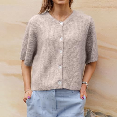 Image of Women Knitted Crop Cardigan Shirt Short Sleeve Button Down Ribbed Knit Crop Top Y2k Girls Outwear Top Tee Shirt