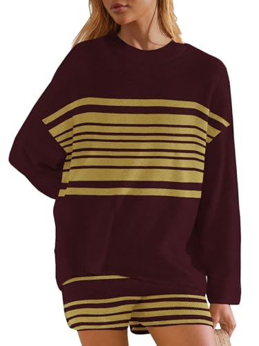 Image of Panadila Womens Striped Sweater Set Oversized Lounge Sets Matching Pajamas Long Sleeve Sweater Top and Shorts