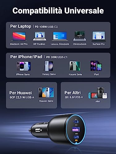 UGREEN Caricatore Auto USB C da 130W, Caricabatteria Accendisigari 12V-24V da 3 Porte con Cavo 100W, Compatibile con iPhone 17 Pro Max Air/16/15/14, Samsung Galaxy S25/24, Xiaomi, MacBook, iPad - Immagine 3