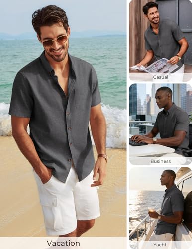 PJ PAUL JONES Mens Linen Shirt Short Sleeve Button Down Business Casual Dress Shirts Cotton Summer Beach Shirts with Pocket - image 4